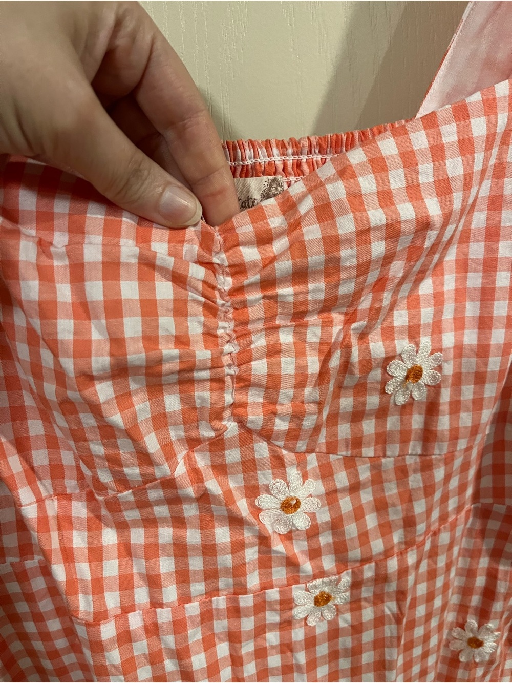 Altar'd State Coral Gingham Puff-Sleeve Mini Dress with Daisy Appliqués - Picture 5 of 9
